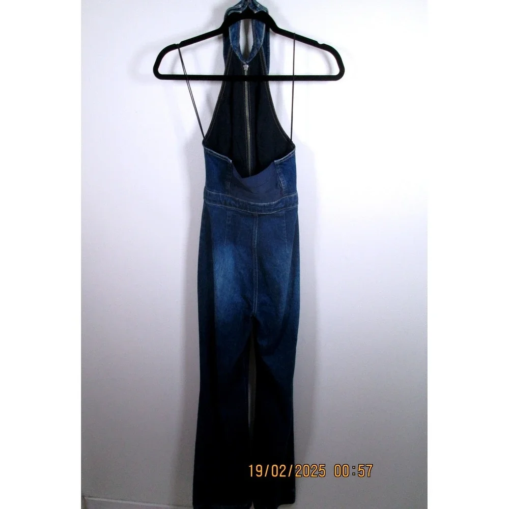Alice + Olivia Jeans Jumpsuit Size 24 Denim Dark Halter Neck Full Zip Flare - Picture 6 of 14
